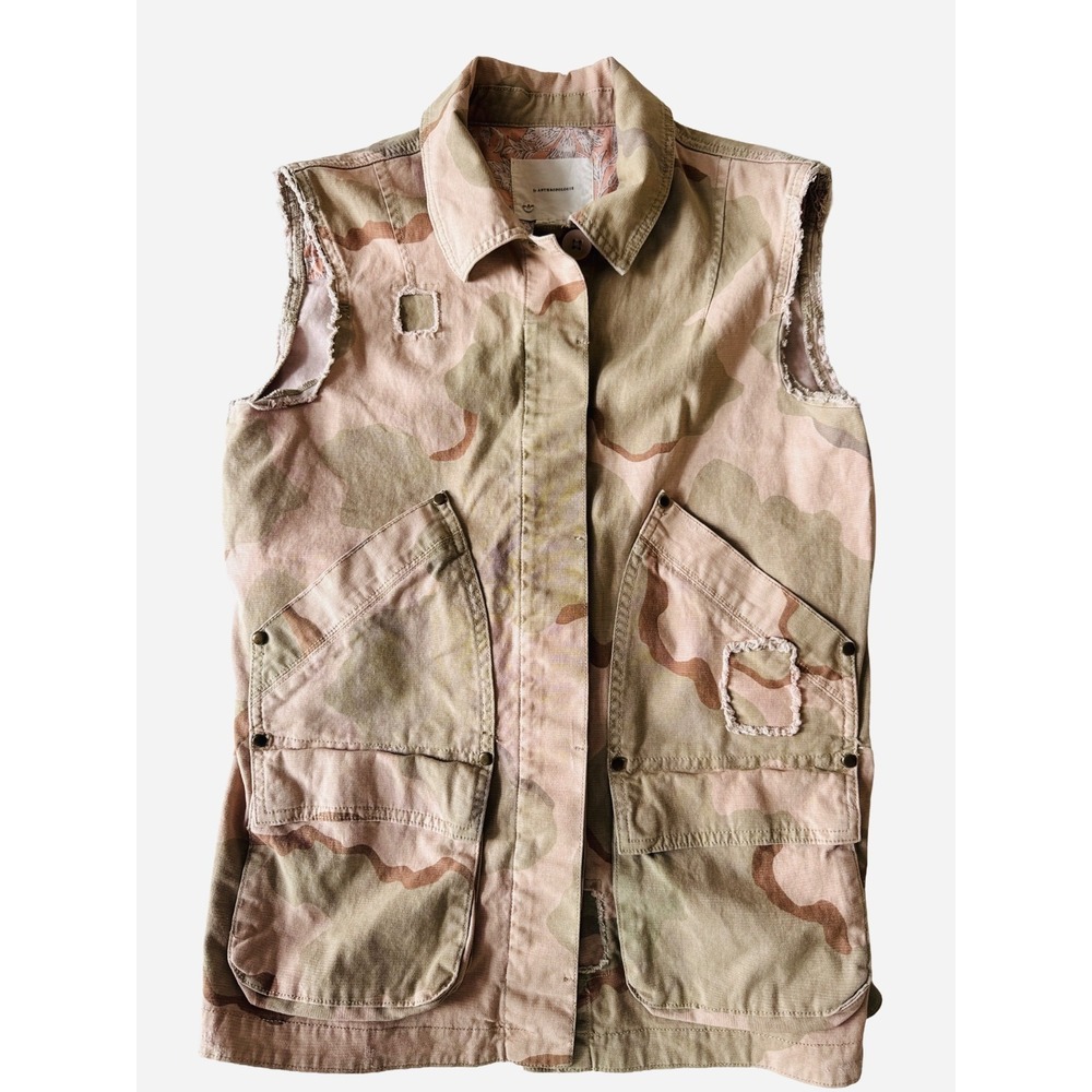 Anthropologie Lida Pink Camo Camouflage Utility Vest‎ Oversized Small Distressed